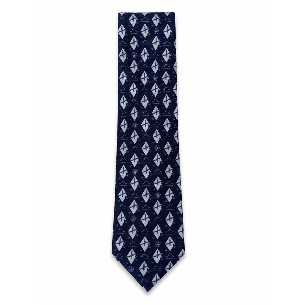 Vintage Gianni Versace Libra Zodiac Silk Tie Navy Blue Medusa Made in Italy 1990